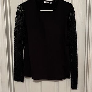 Cato Black Long Sleeve Top with Sheer Patterned Sleeves